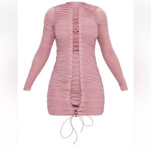 Mauve Mesh & Ruched Lace Up Mini Dress